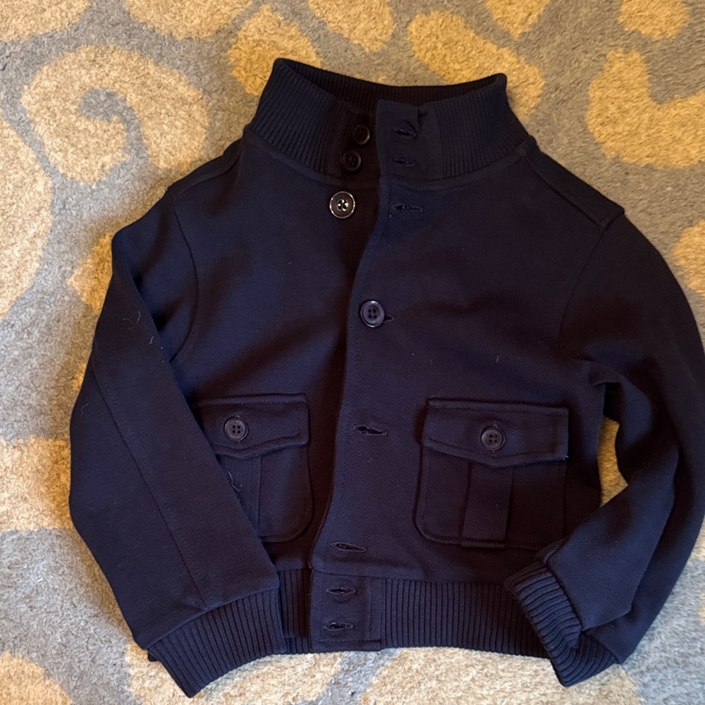 Kids Navy Button-Front Ribbed Collar Jacket